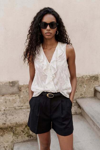 Embroidered Ruffle Detailed Transparent Blouse - Ecru