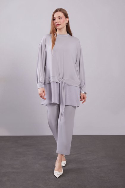 Gray Tulle Detailed Stoned Double Set