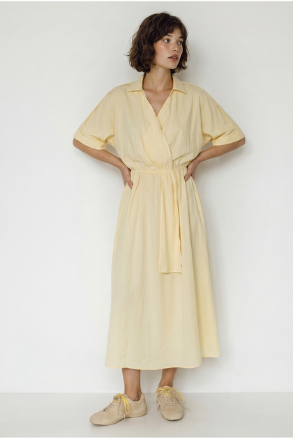 Women's Yellow Elastic Waist Epaulet Detailed Double Breasted Collar Bat Sleeve Midi Modal Dress 2782 60286403