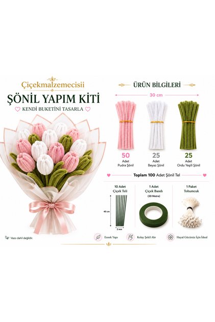 Şönil Yapım Kiti Full Set | 100 Adet Şönil + 40 cm Çiçek Teli + 30 m Çiçek Bandı + 1 Paket Tomurcuk