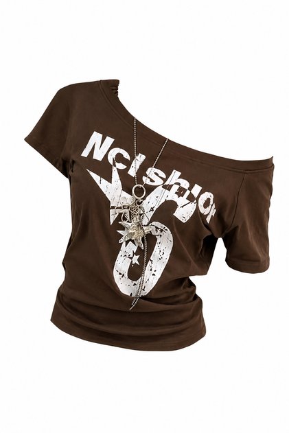 Düşük Omuz Kayık Yaka Detay All Star No 6 Baskılı %100 Pamuk Tshirt