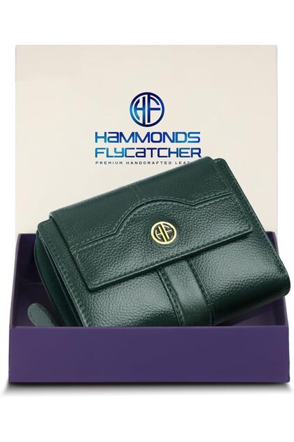 Leather Ladies Wallet for Woman with 14 Card Slots - Clutch Purse, Green, Modern