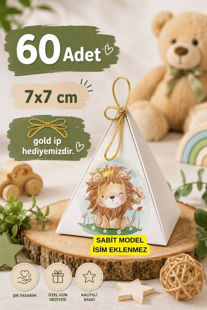 60 Adet Aslan Piramit Kutu - Lokum Kutusu - Şeker Kutusu - Mevlid Hediyelik - Hoşgeldin Bebek