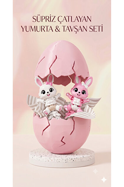 2-Piece Pink and White Rabbit Figure Toy Set in a Cracking Surprise Egg 3D Printer Design Gift Set