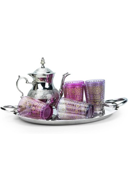 ZOHA Moroccan Tea Set Brass Glass Silver Teapot 6 Gold Pattern Glasses Serving Tray