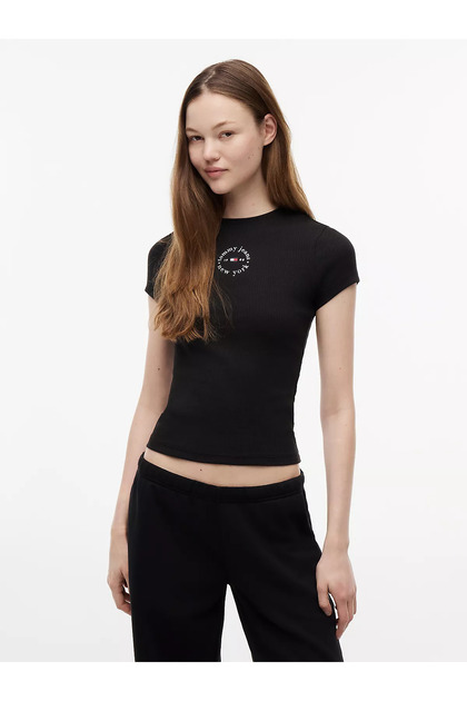 Women's Slim Fit Round Neck Cotton Stretch Knit Fabric Short Sleeve Black T-Shirt