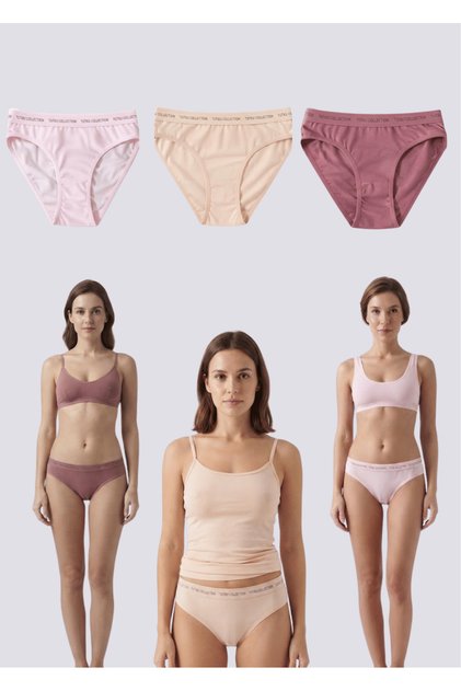 Women's 3-Piece Pink-Beige-Cherry Rotten Combed Cotton Fabric Bikini Panties Set