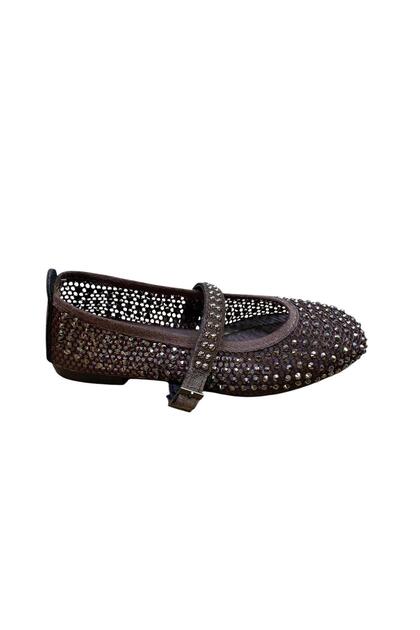 Women's Flat Non-Slip Sole Elastic Strapped Stoned Perforated Ballerinas