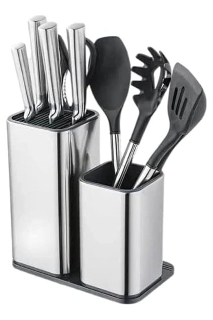 2-in-1 Kitchen Utensil Organiser, Stainless Steel Knife Block and Cooking Tool Holder, Modern Design with Detachable Containers