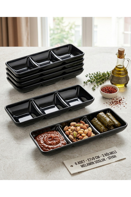 12 Pieces Black Melamine Sauce Bowls with 3 Compartments - Breakfast, Appetizer and Serving Set 27X 9 cm
