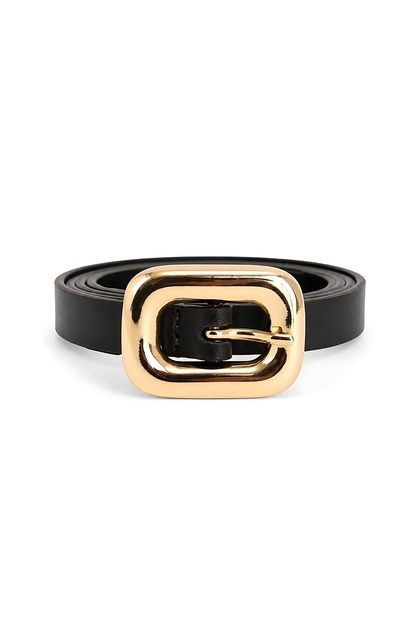 Black Shk3001 Women's Gold Square Buckle Thin Faux Leather Belt