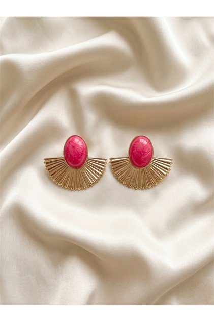 Pink Oval Stone Gold Color Fan Earrings