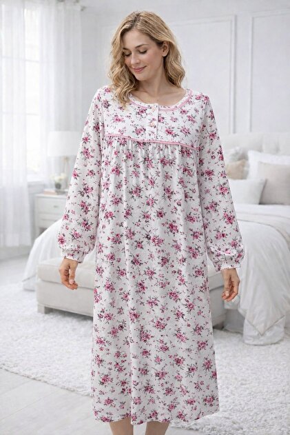 AYSUN TEKSTİL Cămașă de noapte pentru femei (mamă) cu mânecă lungă, mărime mare, cu imprimeu floral, mâneci cu nasturi, manșete cu găuri, 100% bumbac