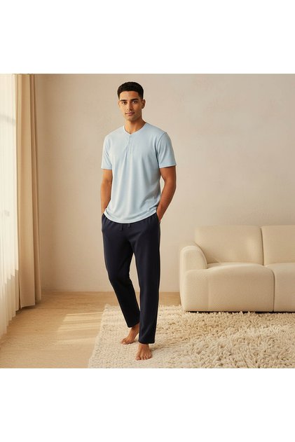 Men Textured Henley Neck Pyjama Set