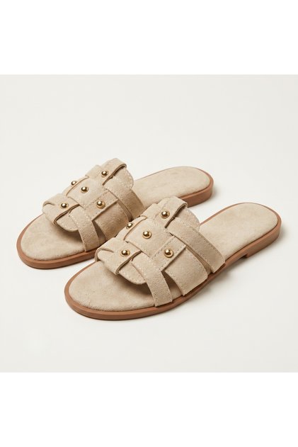 Women's Slippers Suede Gold Studded Detailed Cross-Strapped Women's Orthopedic Sole Slippers