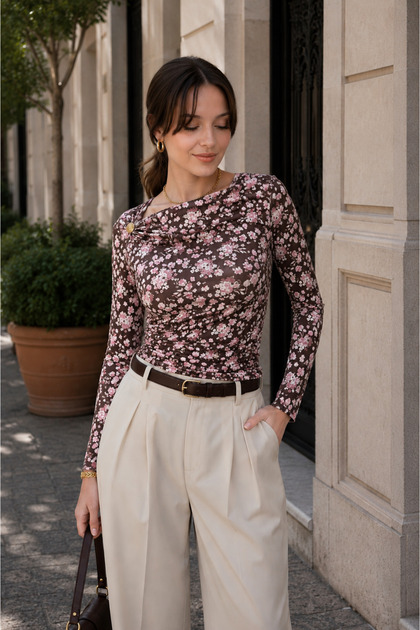 Women's Flower Pattern Shoulder Buckle Bluz
