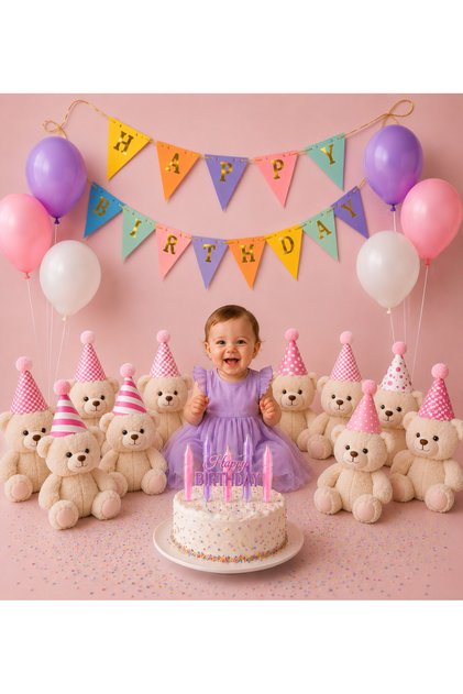 Pink Birthday Party Decoration Set | Happy Birthday Banner, 10 Toy Hats, Cake Candle and Balloon Set