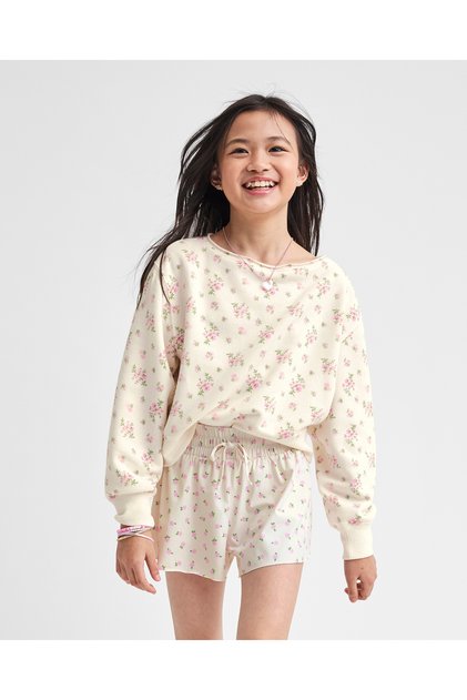 Girls Floral Off Shoulder Fleece Sweatshirt