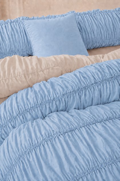 Drawstring Single Blue-Cream Cotton Duvet Cover Set (Without Sheet)