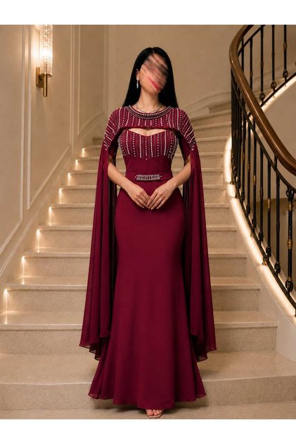 فستان سهرة ماكسي بورغندي مرصع بكاب شيفون فاخر