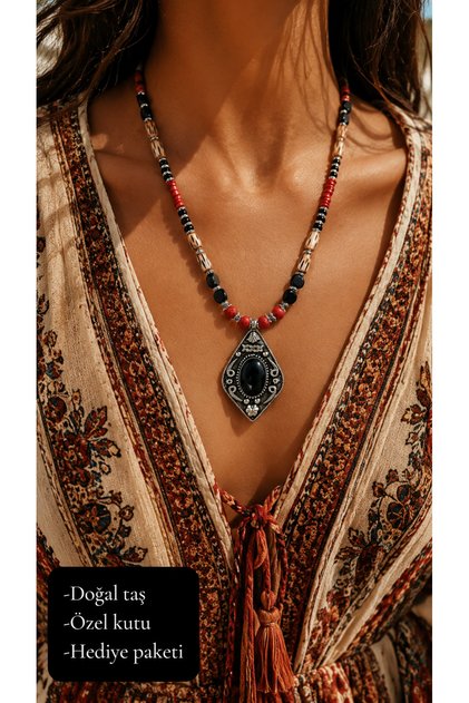 Authentic Bohemian Women's Necklace with Natural Stone Black Onyx and Red Coral Detail