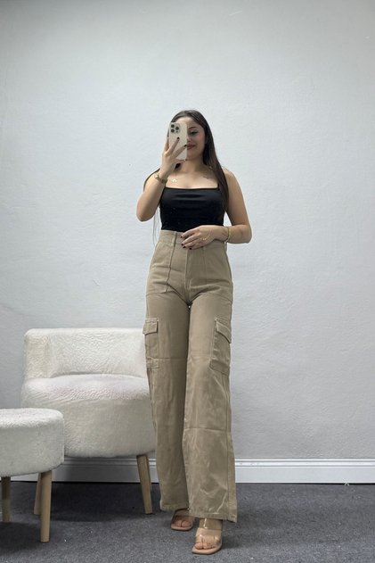 Women's Cargo Pocket Palazzo Jeans Stone