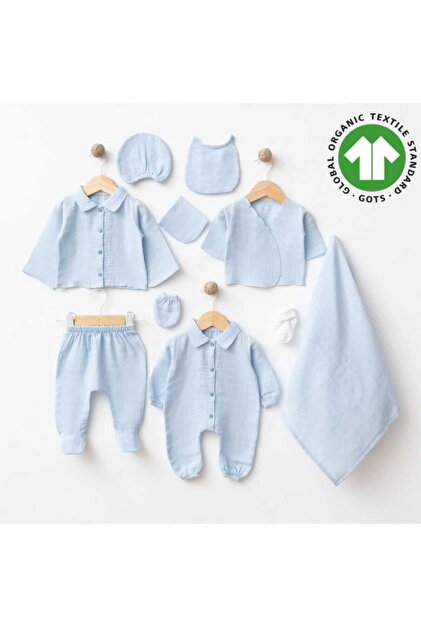 Gots Certified Baby Blue 100% Organic Cotton Muslin Newborn Hospital Discharge Set with Stylish Gift Packaging