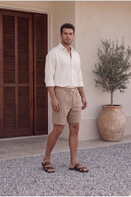 Men's Beige Muslin Fabric Look Woven Shorts Summer Efil Efil with Back Pockets