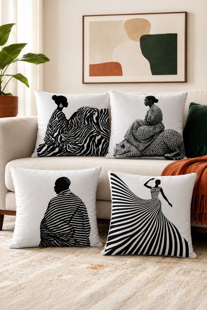 Black and White Women's Silhouette Patterned 4-Piece Throw Pillow Cover Set