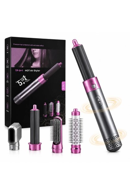 Uscator de par, 5in1, 1000W, aer cald, capete interschimbabile, indreptare/volum/ondulare, plastic, gri+mov