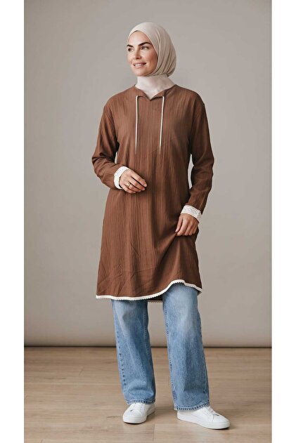 ECE GİYİM Women's Tunic with Collar, Cord Detail on Sleeves and