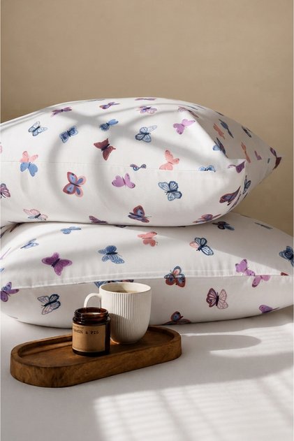 Pink Butterfly Patterned Cotton Ranforce Fabric Zippered Pillowcase 2 Pieces 50X70 cm