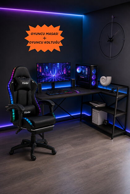 Oyuncu Masası + Oyuncu Koltuğu Takımı, L Masa ve Ledli Sandalye Seti, Raflı Masa, Gaming Masası, Gaming Sandalyesi