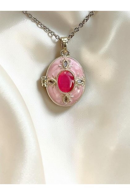 Women's Steel Pink Oval Locket Openable Photo Necklace