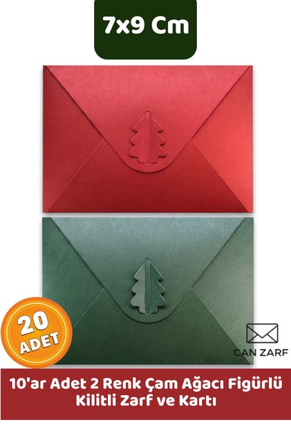 CANVELA 20 Adet 7x9 Cm Kırmızı ve Yeşil Zarf Çam Ağacı Kilitli