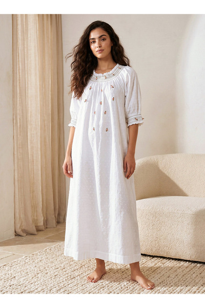 Maxi Length Night Dress 3/4 Sleeves Dobby Embroidered Cotton