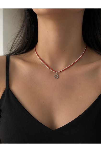 Red and White String Unisex Choker Necklace with Moon and Star Figures