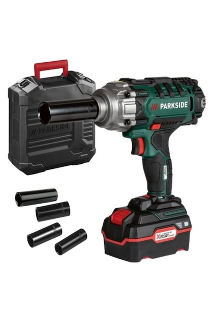 Cheie de impact PASSK 20V, 400 Nm, 5 trepte de putere, LED, set cu 4 capete tubulare 17-23 mm, cutie de transport.
