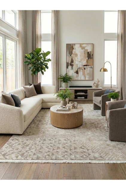 Premium Akrilik Halı Bej Geometrik Desenli Dekoratif Salon Oturma Odası Yatak Odası Halısı