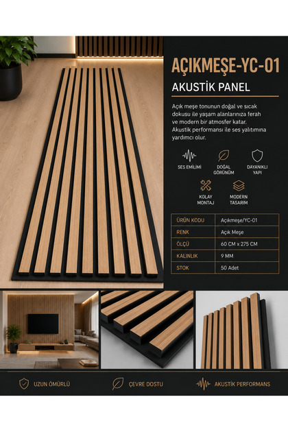 Keçeli Akustik Panel 60 cm x 275 cm /Açık Meşe YC 01
