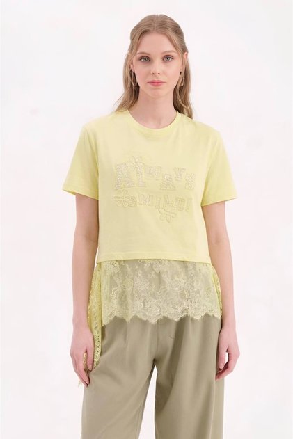 Women's T-Shirt with Lace Detailing at the Hem and Sequin Embroidery on the Front