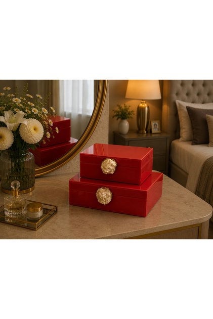 Mercan Taşlı İçi Kadife Lake Boyalı Dışı Cam İkili Set Dekoratif Kutu Mücevher Sandığı Makyaj Kutusu 24x10 - 19x8 cm