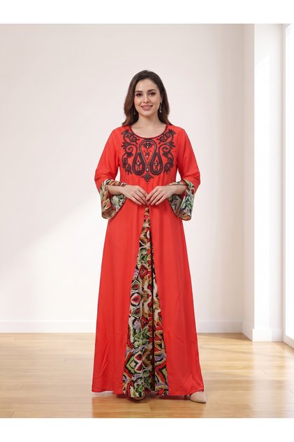 Women's Embellished Maxi Kaftan Dress – Beaded Neckline, Printed Contrast Panel & Cuff Sleeves