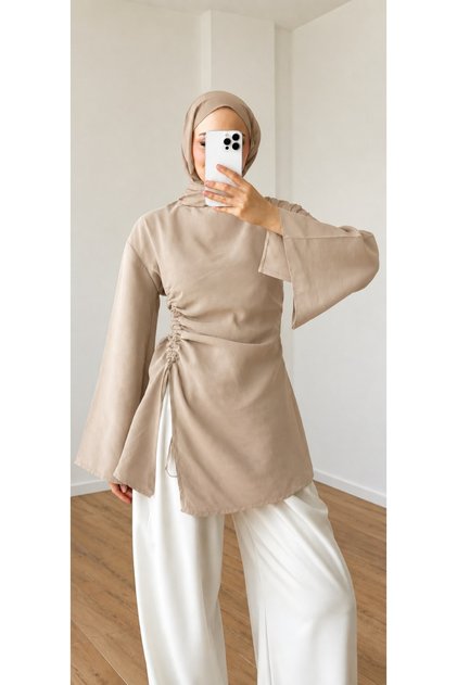 Beige Modal Fabric Tunic with Side Adjustable Gathered Slit Detail | Long Sleeve Asymmetrical Cut Lace-Up Hijab Tunic | Casual Stylish Comfortable Women's Tops