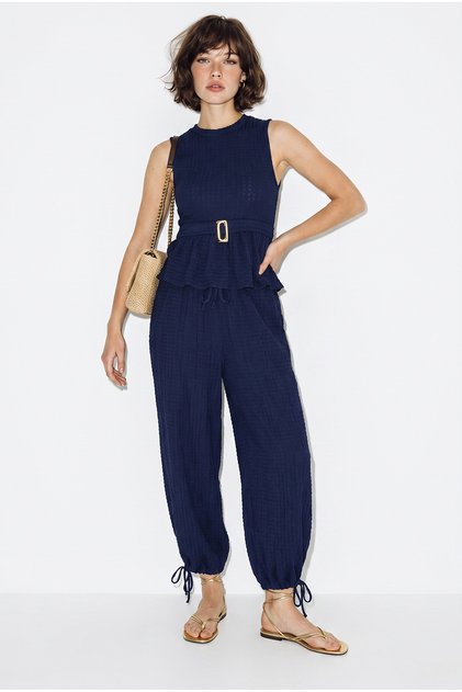 Women's Navy Blue Flounce Blouse with Gold Accessories and Shalwar Trousers Comfortable Wrinkled Suit Bt-2013 60286438
