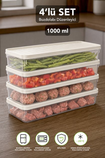 4-Piece Refrigerator Organizer - Suitable for Freezer Organizer Multi-Purpose Kitchen Storage Container 1000ml Cream
