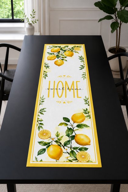 Mediterranean Runner Tablecloth with Yellow Lemon and Home Sweet Home Writing 40X140 cm