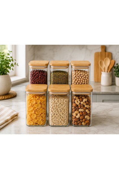 Set of 6 900ml Square Borosilicate Glass Storage Jars – with Vacuum Bamboo Lids – 8 × 18 cm - 8458-2