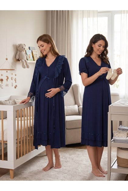 New Season Navy Blue Lace Detailed 100% Cotton Special Design Maternity Dressing Gown and Nightgown Set with Breastfeeding Features