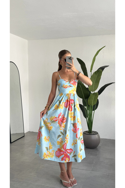 Women's Blue Floral Patterned Strappy Midi Dress Waist Detailed Summer Dress